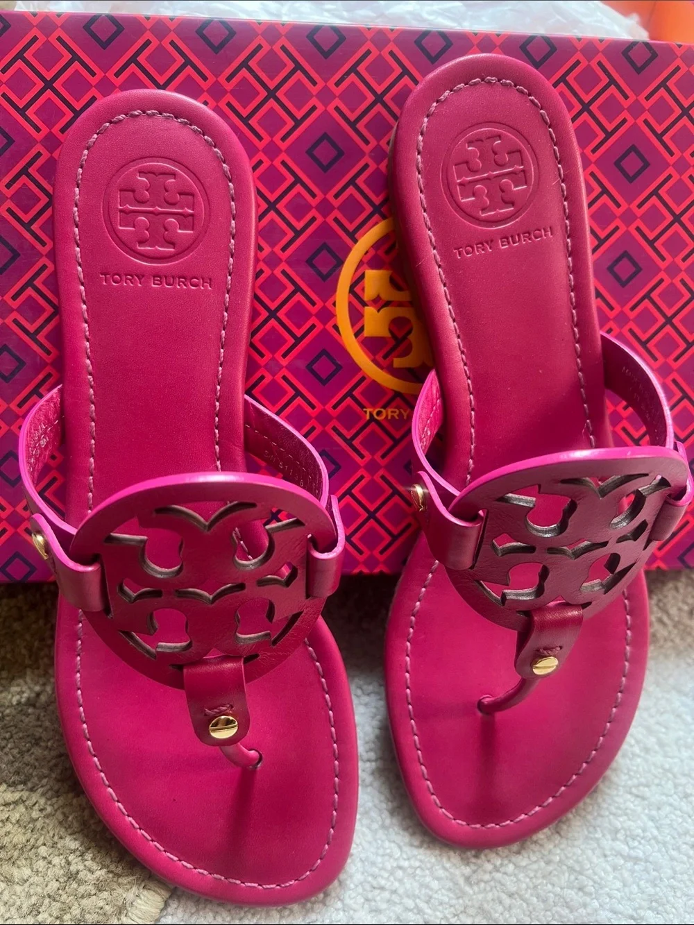 Tory Burch Hot Pink Miller Leather Thong Sandals